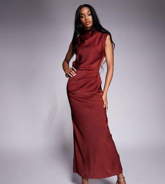 Asos Tall ASOS DESIGN Tall - Vestito midi in raso color ruggine accollato con corpino a pieghe-Marrone