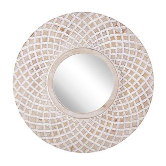 Beliani Beliani - Espejo De Pared Madera Clara Redondo 60 Cm Marco Hecho A Mano Blanco Patr&oacute;n Geom&eacute;trico Boho R&uacute;stico Pomaro
