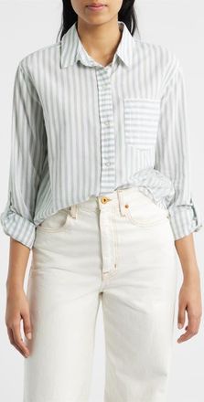 Beach Lunch Lounge Campbell Directional Stripe Long Sleeve Cotton Blend Button-Up Shirt in Mossy Green at Nordstrom, Size X-Large