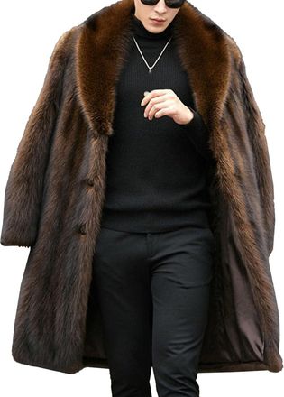 Generic Winter Mens Faux Fur Long Coat Fluffy Jacket Button Up Warm Parka Overcoat Outwear Open Front Thick Cardigan Brown 3X-Large
