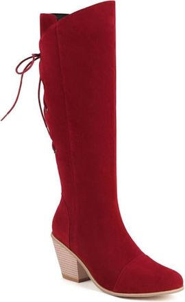 Generic Womens Winter Vintage Faux Suede Knee High Riding Boots Round Toe Chunky Heels Back Lace Up Casual Party Shoes (5.5,Red)
