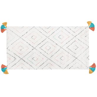 Beliani Alfombra De Algod&oacute;n Blanco 80 X 150 Cm Rectangular Con Borlas Patr&oacute;n Geom&eacute;trico Kartal