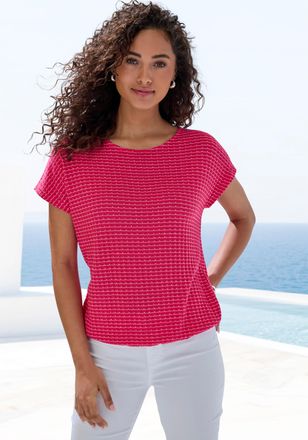 Vivance Kurzarmshirt VIVANCE aus strukturierter Strickqualit&auml;t, Damen, Gr. 32/34, koralle, creme, Strick, Obermaterial: 68% Viskose (LENZING ECOVERO), 30% Pol