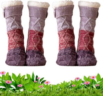 Generic Knitted Ultra-Thick Slipper Home Socks, Tri-color Knit Patchwork Non-Slip Warm Winter Socks for Women (Purple+Purple,One Size)