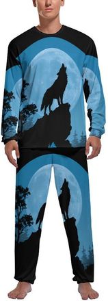 Generic Moon Howling Wolf Mens Pyjama Set Soft Long Sleeve Sleepwear Lounge Set Pjs