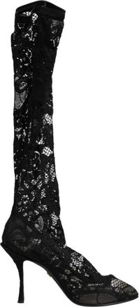 Dolce & Gabbana Taormina Soklaars met Kant - Dames - Laarzen met Hak - Zwart - 37 1/2 EU - Leer - Schoenen