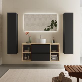 Cygnus Bath Mueble Ba&ntilde;o Bequia 120 Cm Negro Y 2 Coquetas Laterales Roble Con Lavabo