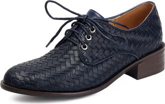 Generic Womens Low Block Heel Oxford & Derby Shoes Round Toe PU Leather Brogue Shoes Lace Up Casual Shoe,Blue,5.5 UK