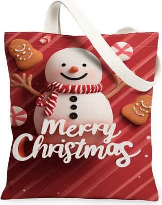 Generic Christmas Snow Man Canvas Tote Bags, Festive Design Reusable Grocery Bags, Lightweight Washable Shoulder Strap Canvas for T, Red, 13x15 Inch