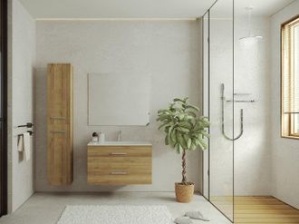 Vente-Unique Mobile bagno sospeso con lavabo singolo e colonna portaoggetti 80 cm Naturale Chiaro - KAYLA
