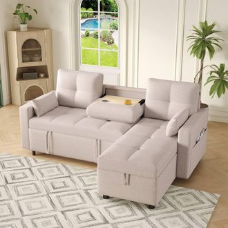 Merax Reversible L-Shaped Corner Sofa Bed with Drop-Down Cup Holder Table in Beige