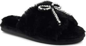 Candie's Franney Bow Embellished Faux Fur Slipper in Black at Nordstrom, Size 10