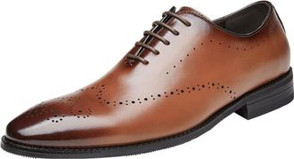 Generic Formal Dress Shoes for Men Lace Up Burnished Plain Toe Brogue Embossed Leather Block Heel Low Top Anti-Slip Wedding(Brown,6.5 UK)