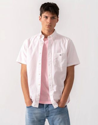 GANT Mens GANT Mens Regular Fit Classic Oxford Stripe Short Sleeve Shirt - 662 Light Pink - White - Size: 44/Regular