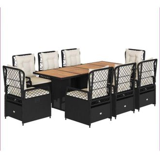 vidaXL Set De Comedor De Jard&iacute;n 9 Pzas Y Cojines Rat&aacute;n Sint&eacute;tico Negro Vidaxl