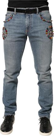Dolce & Gabbana Versierde Losse Katoenen Denim Jeans - Heren - Slim Fit Jeans - Blauw - 2XL - Katoen - Jeans