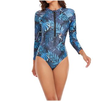 Generic Mrat Swimsuits for Women One-Piece Swimming Costume Long Sleeve Zip Up Tropical Floral Print Zipper Front Rash Guard Bathing Suit Beachwear Surf Bathi
