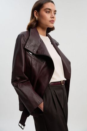 Karen Millen Womens Leather Relaxed Biker Jacket - Burgundy - Size 14 UK