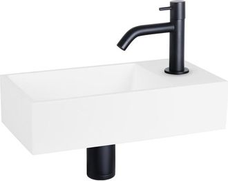 Differnz Solid fonteinset - 36x18.5x9cm - Rechthoek - 1 kraangat - Gebogen zwart matte kraan - Solid surface Wit