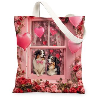 Generic Valentines Day Bichon Frise Dog Canvas Tote Bag for Shopping 13x15, Window Couple Puppy Reusable Grocery Print Bag for Women, Pet Beach Aesthetic Pain