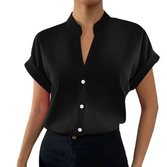 Generic Womens Fashion V Neck Solid Button Short Sleeve Shirt Medium Wash Denim Shirt Women (Black, XXL)