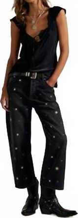 Free People Deep Trance Shine Embroidered Dropped Boyfriend Jeans In Washed Black