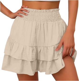 Generic Womens Ruffle Skirt High Waist Ruffle Skirt Shorts Layered Loose Summer Skorts Casual Short Skirts Elastic A-Line Flowy Half Slip Mini Beach Skirts Pa