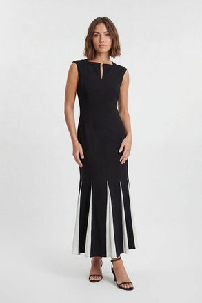 Karen Millen Womens Petite Soft Tailored Contrast Godet Detail Midi Dress - Monochrome Multi - Size 14 UK