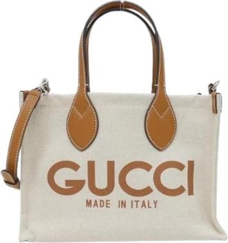 Gucci Pre-owned Katoen Linnen Canvas Leren Schoudertas - Dames - Vintage Shopper - Beige - ONE Size - Katoen - Vintage