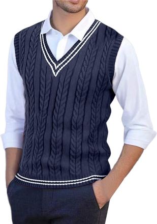 Generic Mens Sleeveless Jumper Knit Vest Classic V-Neck Sleeveless Jumper Men Business Knitwear Waistcoat Tank Top Ribbed Sweater Vests Autumn Winter Knitwear