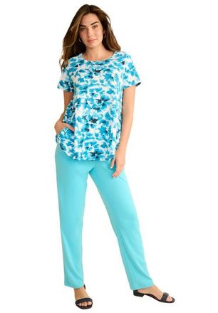 Roaman's Plus Size Ultimate Cotton Crewneck Short Sleeve Swing Tee in Deep Turquoise Tie Dye Floral at Nordstrom, Size Medium