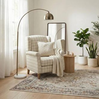 Furniturebox Maisette Cream Check Fabric Wingback Accent Armchair