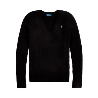 Polo Ralph Lauren Maglione a trecce con scollo a V in lana e cashmere - - Knitwear - Donna - Nero - M