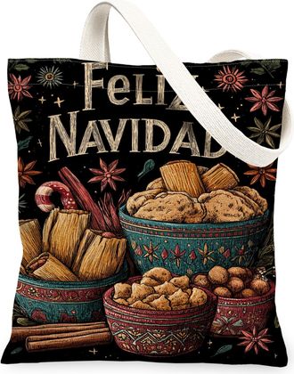 Generic Christmas Canvas Tote Bags, Holiday Treats Pattern Reusable Bags, Vintage Lightweight Washable Shoulder Strap Canvas for Gr, Black, 13x15 Inch
