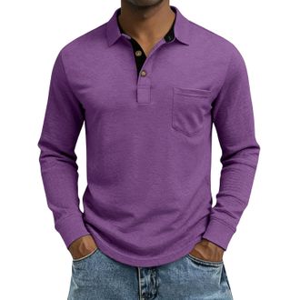 Generic Mens Long Sleeve Polo Shirt Casual Button Down Henley Neck Pullover Tops Regular Fit Rugby Shirts Poloshirts Purple
