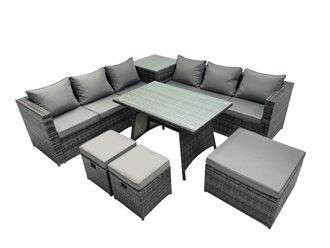 Fimous Garden Rattan Furniture Set 9 Seater with Side Table 3 Stool Dark Grey