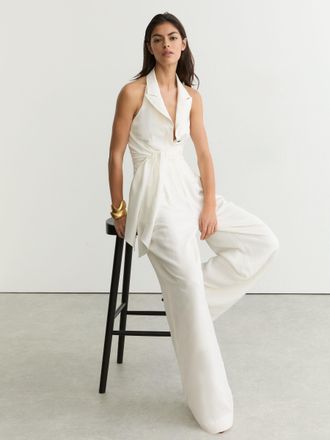 Reiss Cream Tie-front Wide-leg Jumpsuit With Linen, 14