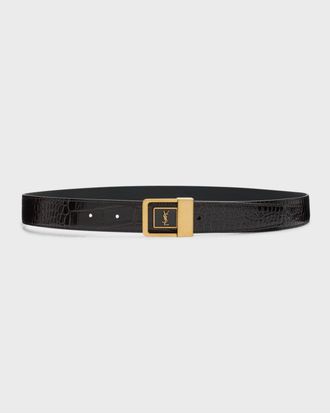 Saint Laurent Croc-Embossed Leather Square Buckle Belt
