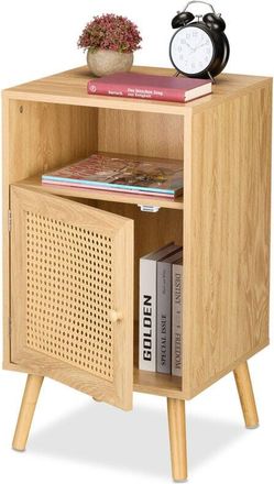Relaxdays Relaxdays - Mesita De Noche, Puerta Estilo Rat&aacute;n, Mesilla Dormitorio, 72 X 40 X 39 Cm, Estante Abierto, Con Patas, Natural