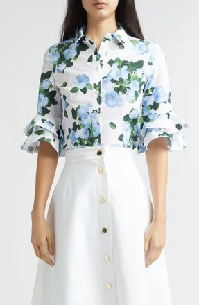 Carolina Herrera Rose Print Tiered Ruffle Cuff Button-Up Shirt in White Multi at Nordstrom, Size 10