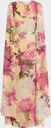 La Petite Robe Di Chiara Boni Senka Belted Cape-Sleeve Floral Gown