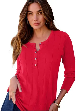 Roaman's Plus Size Drop Needle Henley Lightweight Sweater Knit in Vivid Red at Nordstrom, Size Small