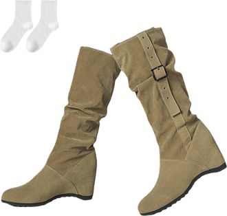 Generic Womens Boots in A Suede Look with A Wedge Heel, Casual Slip-On Boots with A Decorative Buckle, Comfortable Ankle Boots for Everyday Wear, Autumn And W