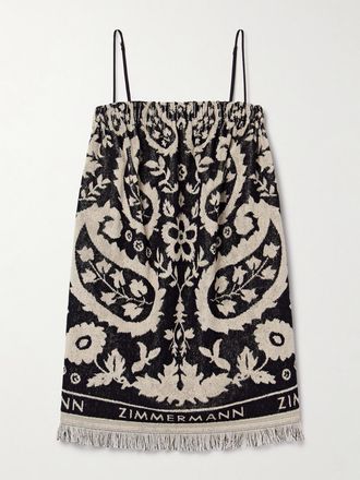 Zimmermann Abito Mini In Spugna Di Cotone Jacquard Con Frange Rhiannon - Nero