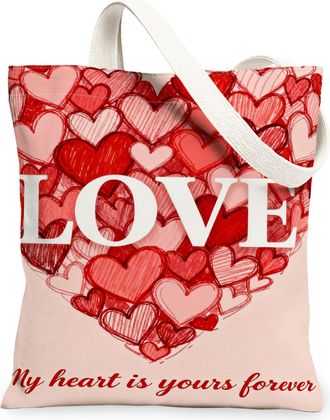 Generic Romantic Hearts Canvas Tote Bags, Love Design Pattern Reusable Grocery Bags, Vintage Lightweight Washable Shoulder Strap Ca, Red, 13x15 Inch