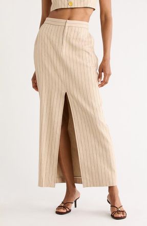 L'agence Maceline Pinstripe Linen Blend Maxi Skirt in Tan/Brown Pinstripe at Nordstrom Rack, Size 16