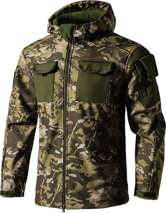 Generic Mens Softshell Jacket Tactical Military Camouflage Windproof Jackets Fleece Lined Waterproof Hooded Coat with Multiple Pockets Warm Durable Overcoat f