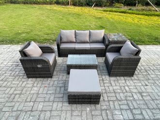 Fimous Outdoor Rattan Garden Furniture Set 6 Seater Patio Lounge Sofa Set with Reclining Chair Rectangular Coffee Table in Dark Grey