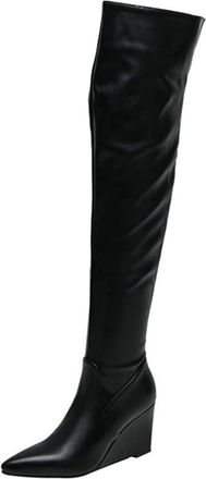 Generic Womens Fashion High Wedge Heel Pointed Toe Thigh High Boots Side Zipper Pull On Wide Calf Winter Warm Shoes (Black,7.5)