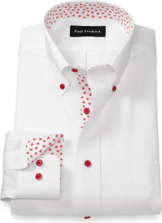 Paul Fredrick Tailored Fit Comfort Stretch Non-iron Solid Dress Shirt With Contrast Trim
